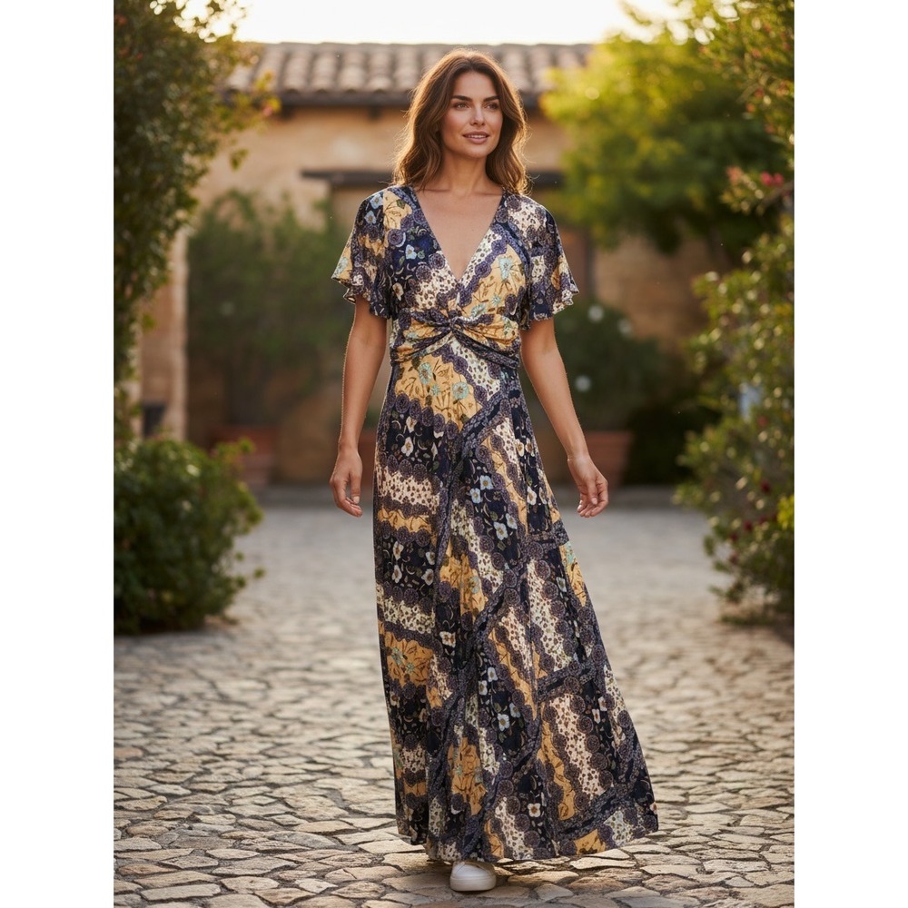 Abel the Label Patchwork Floral Maxi Dress Navy Tan Boho Flutter Sleeve XS